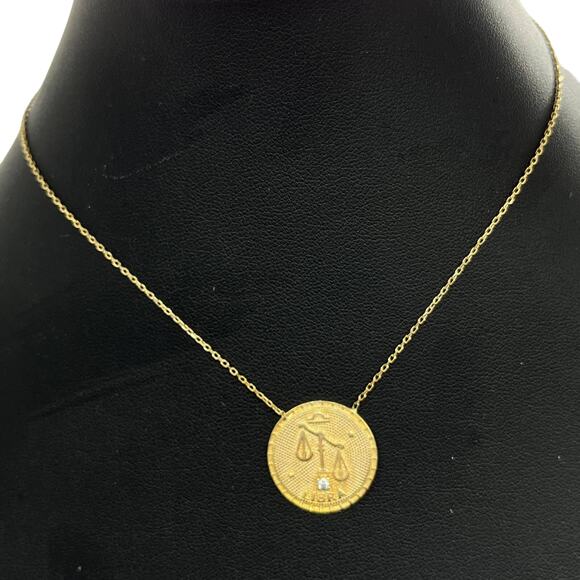 Libra Necklace Marked 925 Vintage Retro Gold Tone Horoscope Astrology Scales - Picture 2 of 15